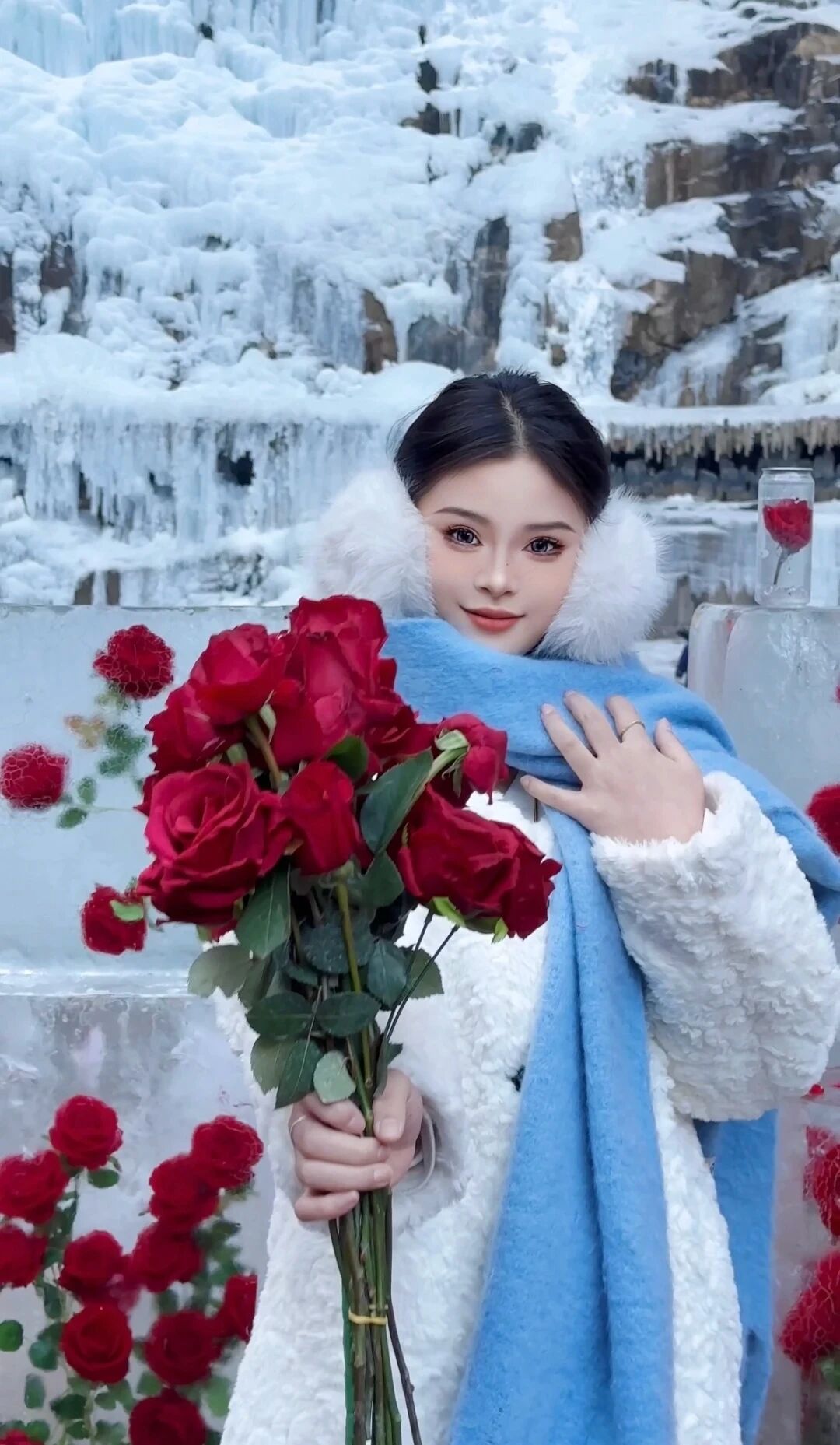 冰瀑当背景板，玫瑰被冰封，八里沟的这波冬日浪漫直接封神！