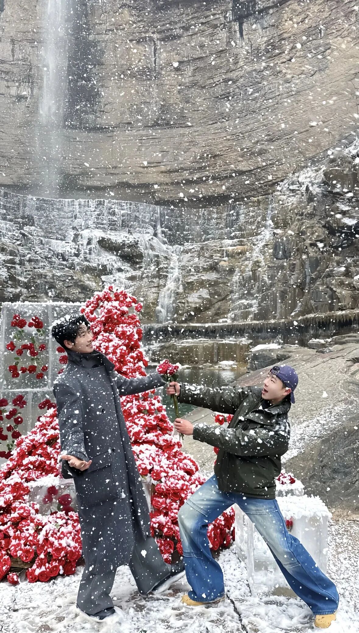 冰瀑当背景板，玫瑰被冰封，八里沟的这波冬日浪漫直接封神！